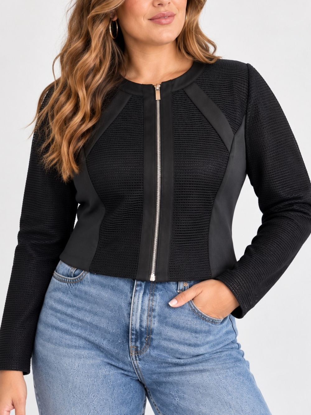 City Chic Black Textured Zip-Front Bomber Jacket